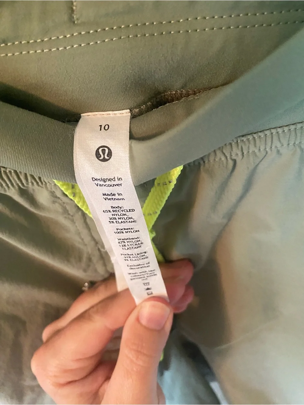 Womens Lululemon Detours Welcome Olive Green Active Shorts with Neon Accents